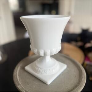 Vintage Milk Glass Pedestal Vase | Square Base Urn Style